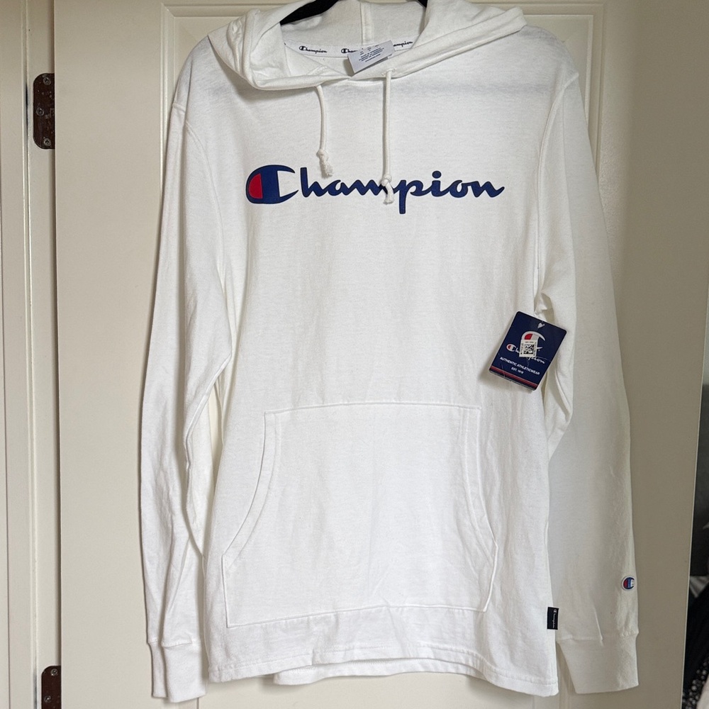 Champion White Hoodie with Blue Script and Red Accent
